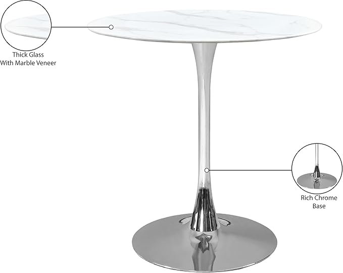 Meridian Furniture 927-T Holly Collection Modern | Contemporary Counter Height Table,10MM Thick Glass with Marble Veneer, 36" Round Faux Marble, Rich Chrome Base, 36" W x 36" D x 36" H, Chrome