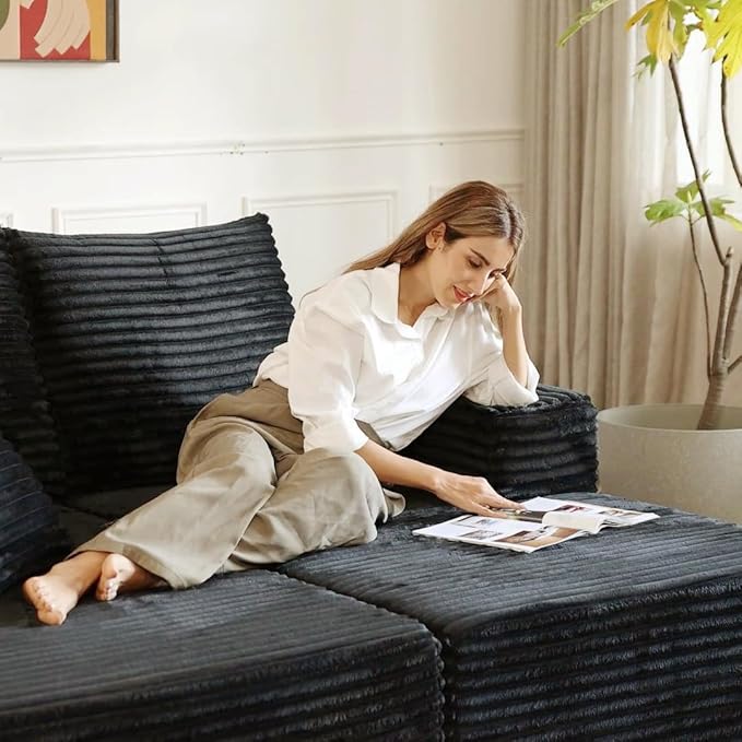 135" Corduroy Couch Sectional with Chaise, L Shape Boneless Cloud Couches for Living Room Bedroom, Modular Corner Couch, Fluffy Deep Seat Compression Sofa, Left Facing Chaise, No Assembly, Black