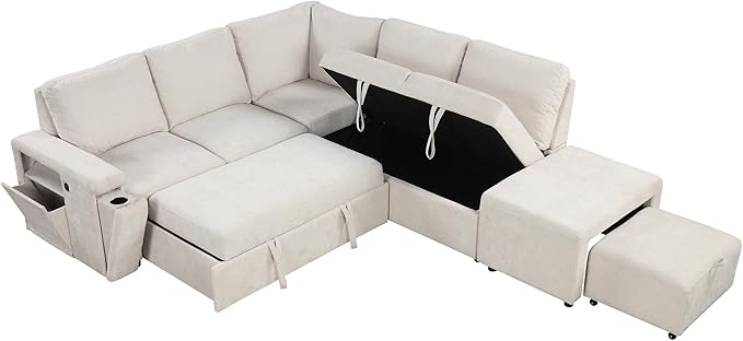 Ball & Cast 90.6" Convertible Sectional Couches Fabric Sofa Set with Pull Out Bed,L-Shaped Modular Padded Cloud w/Storage Space and USB Ports & Cup Holders on The Armrests,for Living Room,Beige