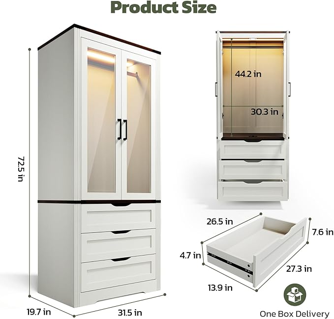 Concho 73'' Tall Farmhouse Armoire Wardrobe Closet with LED Light, Wood Wardrobe Closet with 2 Doors 3 Drawers, Freestanding Bedroom Armoire Clothing Storage Cabinet, White