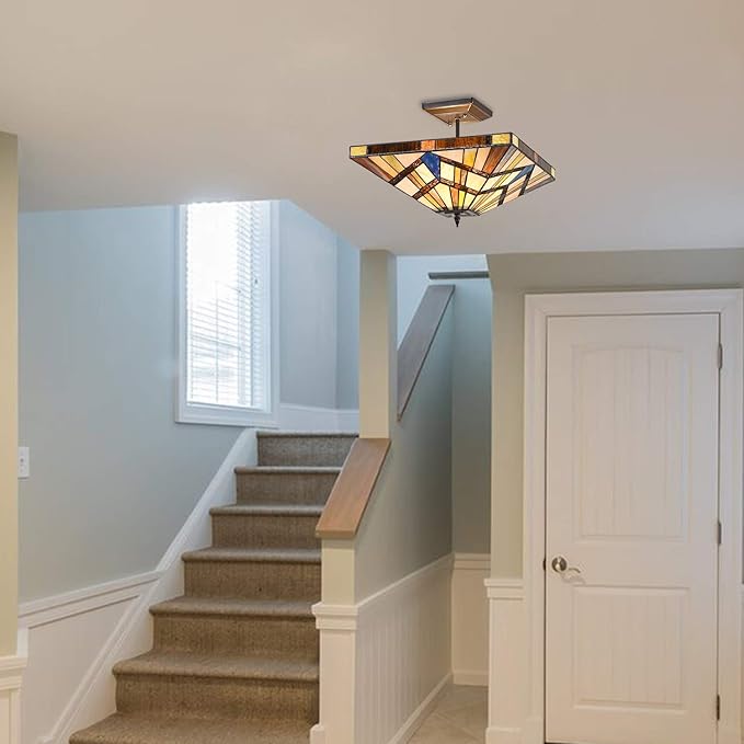 Capulina Tiffany Lamp Stained Glass Semi Flush Mount Ceiling Light 2-Light 14 Inches Wide Cream Amber Antique Tiffany Style Ceiling Lamp for Home Kitchen Porch Entryway Bathroom Hallway