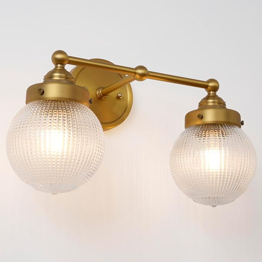 Vintage Double Arm Brass Wall Sconce Lighting, Clear Ribbed Glass 2-Lights Bathroom Vanity Light Fixture for Dining Room Bedroom Living Room Corridor