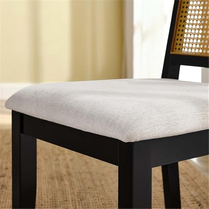 Modway Arlo Wood and Faux Rattan Dining Chairs Set of 2 in Black Natural Heathered Weave Ivory - Modern Farmhouse Accent Chairs - Fabric Upholstered Chairs for Dining Room
