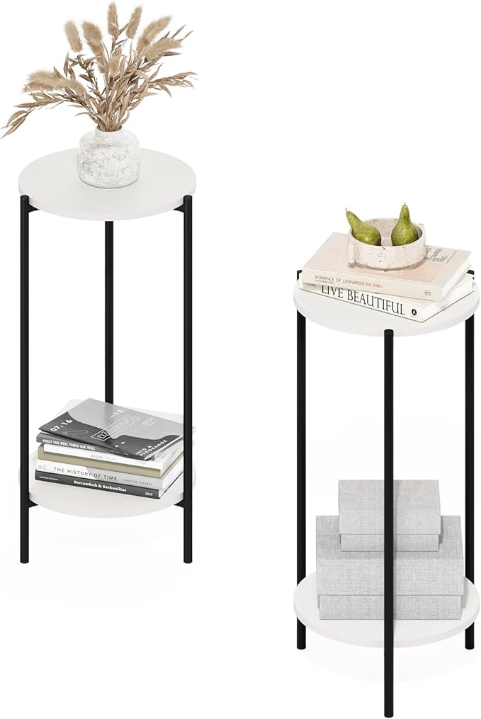 Furinno BESI Side Table Set of 2, 2-Tier Small Round End Table with Metal Legs, Night Stand, Bedside Table, Easy Assembly, for Living Room, Bedroom, White