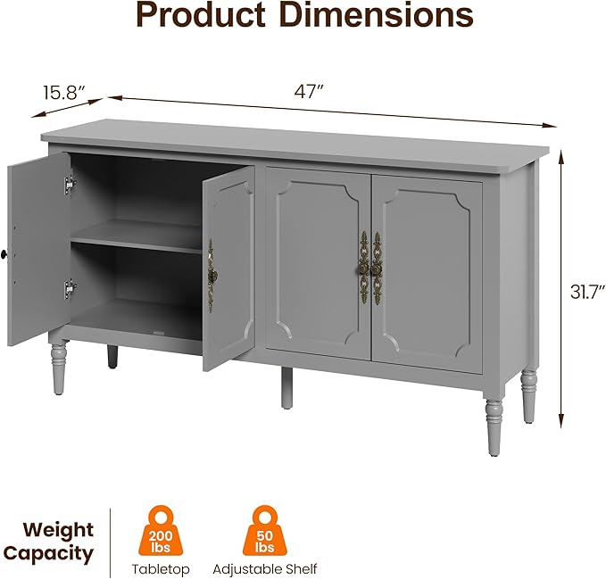 Sideboard with 4 Doors, Mid-Century Console Table with Adjustable Shelves, Accent Cabinet for Entryway, Living Room, Dining Room, Grey Wash-1