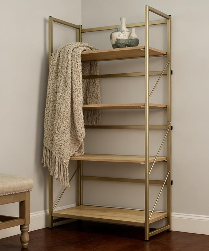 Folding Bookshelf,Multifunctional Foldable Plant Stand Storage Rack Shelves for Home Office, Easy Assembly, 4-Tier,Gold & Nature Wood