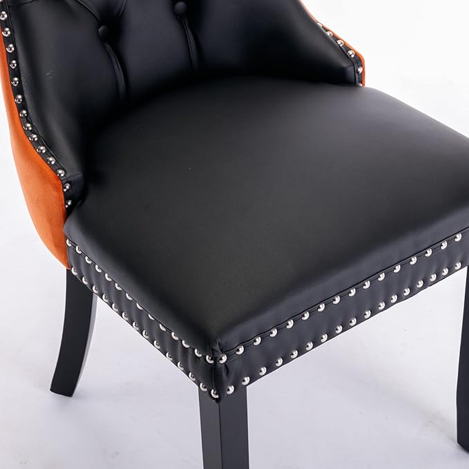 PU and Velvet Upholstered Dining Chair with Wood Legs,Tall Back Side Chair W/Nailhead Trim 2-Pcs Set,for Living Room,Apartment,Black+Orange