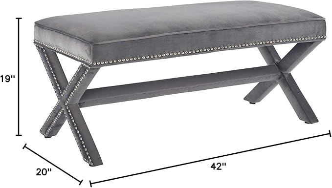 Modway Rivet Contemporary Modern Upholstered Velvet X-Base Accent Bench With Nailhead Trim In Gray