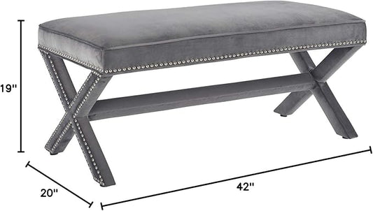 Modway Rivet Contemporary Modern Upholstered Velvet X-Base Accent Bench With Nailhead Trim In Gray