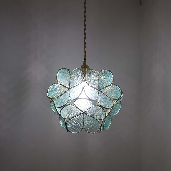 Bieye L10917 Petals Tiffany Style Stained Glass Ceiling Pendant Light for Home Decoration (Textured Aqua Blue, 12" Cherry Blossom)