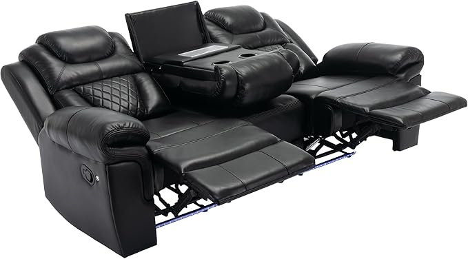 ERYE 83-Inch Oversized Manual Reclining Sofa with LED Strip and Cupholders for Living Room Home Theater, Multifunctional Faux Leather 3 Seaters Manual Recliner Couches | Charging Station, Cup Holder, LED Light Strips