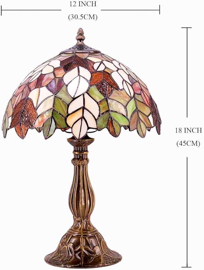 WERFACTORY Tiffany Table Lamp Stained Glass Style Maple Leaf Bedside Lamp Desk Reading Light 12X12X18 Inches Decor Bedroom Living Room Home Office S804 Series