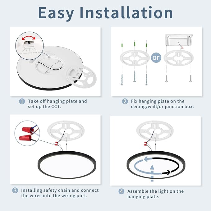14.9 Inch 6PK LED Flush Mount Ceiling Light, ETL ,32W, 3343LM, 3000K/3500K/4000K/5000K/6500K CCT Selectable, 0.66in Ultra Thin Round Flat Panel Ceiling Light Fixture for Bedroom, Kitchen (Black)