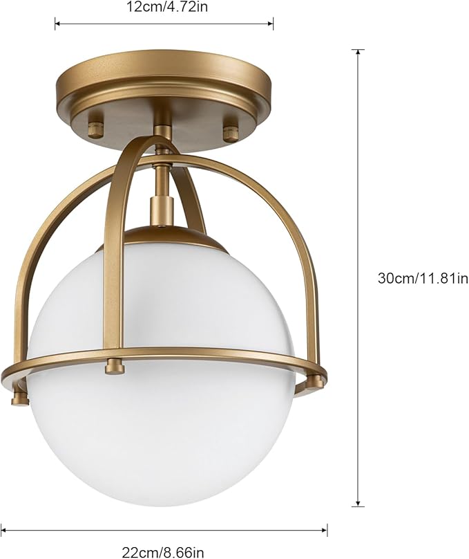 Gold Semi Flush Mount Ceiling Light 8.7" Milk Glass Globe Ceiling Light Fixture Mid Century Modern Small Chandelier for Hallway Kitchen Bedroom or Schoolhouse Light Fixture