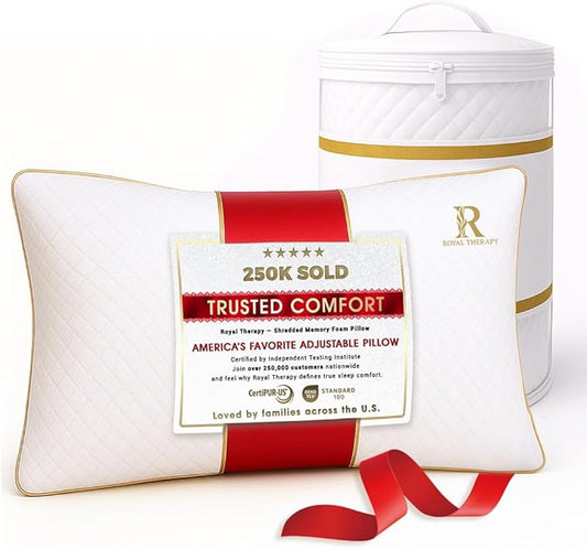 Royal Therapy Queen Memory Foam Pillow, Adjustable Shredded Odor-Free Pillow for Neck & Shoulder Pain Relief, Support for Back, Stomach, Side Sleepers, CertiPUR-US