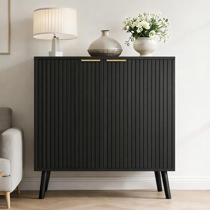 Pamapic Black Fluted Storage Cabinet, Sideboard Buffet with Doors and Shelf, Wooden Console Table & Credenza, Multifunctional Entryway Cabinet for Living Room, Dining Room (Black)