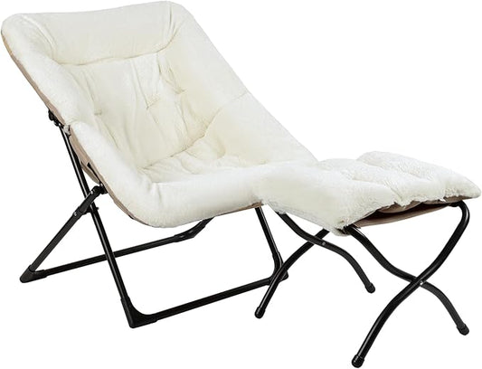 Comfy Saucer Chair for Adults, Soft Faux Fur Bedroom Chair with Ottoman, Accent Dorm Chairs, Living Room Reading Chairs and Footstool, Folding Seat for Teens, X-Large, Beige