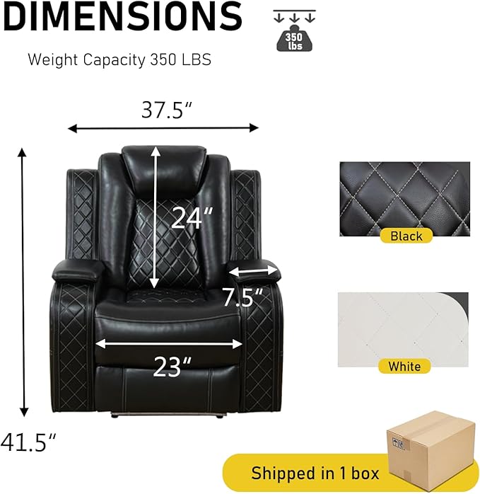 Power Recliner with LED, Black Leather Reclining Chair for Living Room, Muti-Functional Recliner with Storage Armrest/USB Ports for Living Room/Bedroom/Office