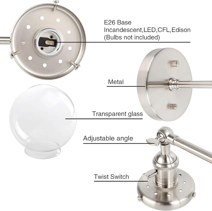 PERMO Double Sconce Vintage Industrial Antique 2-Lights Wall Sconces with Dual Mini 5.9" Round Clear Glass Globe Shade (Brushed Nickel)