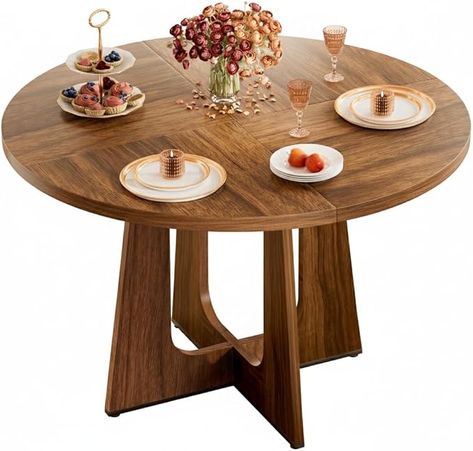 47" Round Dining Table for 4-6, Farmhouse Wood Kitchen Table, Mid-Century Wooden Circle Dinner Room Table Easy Assembly for Dining Room, Kitchen, Living Room (Walnut Wood)