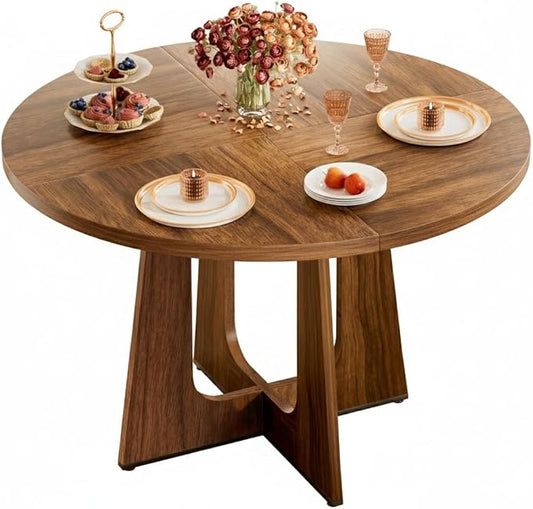 47" Round Dining Table for 4-6, Farmhouse Wood Kitchen Table, Mid-Century Wooden Circle Dinner Room Table Easy Assembly for Dining Room, Kitchen, Living Room (Walnut Wood)