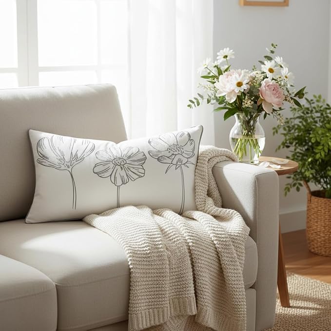 Sunkifover Decorative Floral Lumbar Pillow Cover 12x20 Inch Grey and White Cotton Embroidery Flower Throw Pillowcase Cushion Cover for Bed Bedroom, Living Room, Sofa