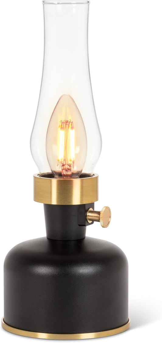 Abbott Collection Lantern LED Lamp with Chimney, Portable Table Light - Metal/Glass, Black (10.5" H)