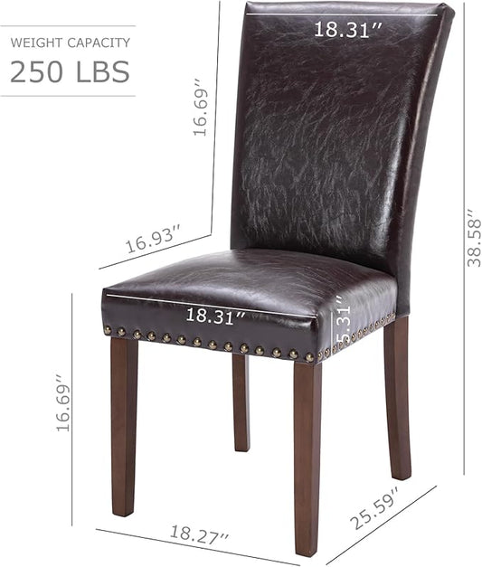 COLAMY Upholstered Parsons Dining Chairs Set of 4, PU Leather Dining Room Kitchen Side Chair with Nailhead Trim and Wood Legs - Dark Brown