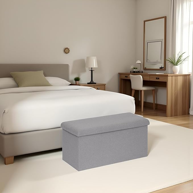 30 Inches Storage Ottoman Bench - Square Ottoman with Sherpa Top,Storage Bench for Bedroom 30" L x 15" W x 15" H-Grey