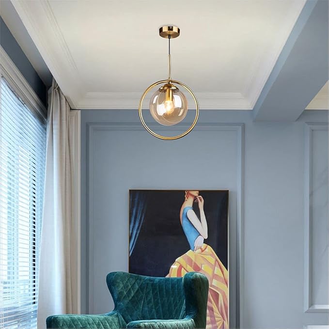 BOKT Modern 1-Light Globe Pendant Light Mid Century Amber Glass Ball Pendant Lighting Brushed Gold Single Round Circle Hanging Lamp Kitchen Island Dining Room Pendant Light Fixture