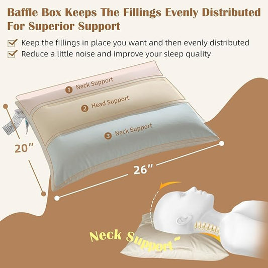 Buckwheat Pillow with Organic Cotton Pillowcase - 20''x26'' Organic Buckwheat Pillow with Baffle Box for Support, Adjustable Tartary Buckwheat Hull Pillows, Organic Buckwheat Neck Pillows