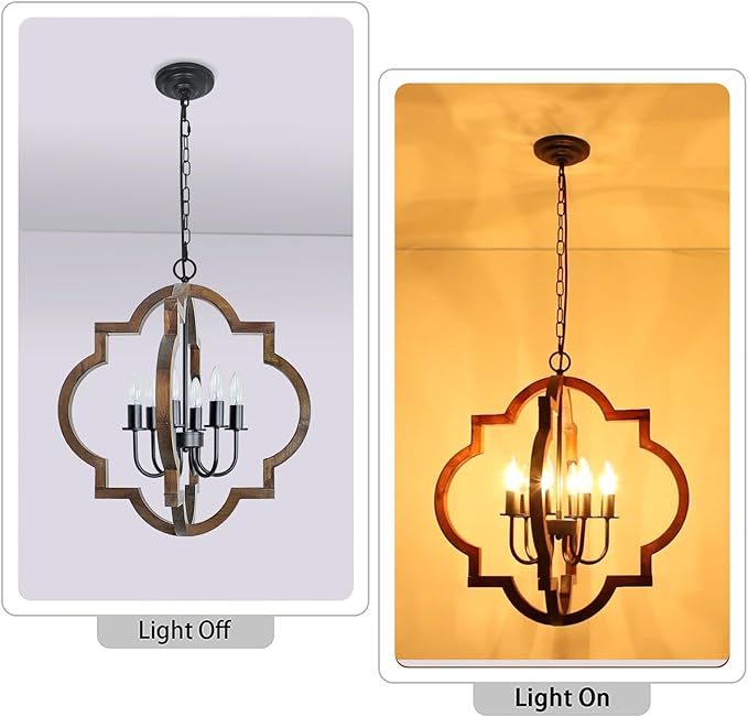 21.65'' Farmhouse Wood Chandelier, 6-Light Rustic Dining Room Light Fixture, Orb Chandelier Light Adjustable Height, Wood Pendant Lighting for Kitchen Island Foyer Living Room Hallway