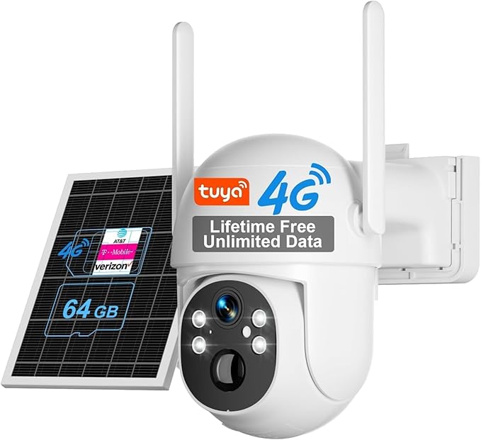SANSCO No WiFi Cellular Security Camera, Built-in 4G LTE SIM Card & Lifetime Free Unlimited Data, 64G TF Card, 2K Color Night Vision, 360° Live View, Real-time Alerts, Solar Powered Wireless Outdoor