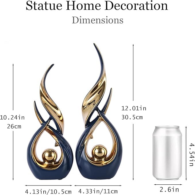 2 PCS Blue Gold Ceramic Statues For Home Decor Accents, Modern Abstract Art Sculptures, Elegant Tabletop Decorative Objects For Dining Room, Entryway, Tv Stand, Mantel, Coffee Table Centerpieces