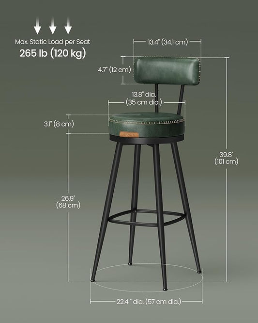 VASAGLE EKHO Collection - Bar Stools Set of 2, Swivel Bar Height Bar Stools with Back, Synthetic Leather with Stitching, Mid-Century Modern, 30-Inch Tall Barstools for Kitchen Home Bar, Forest Green
