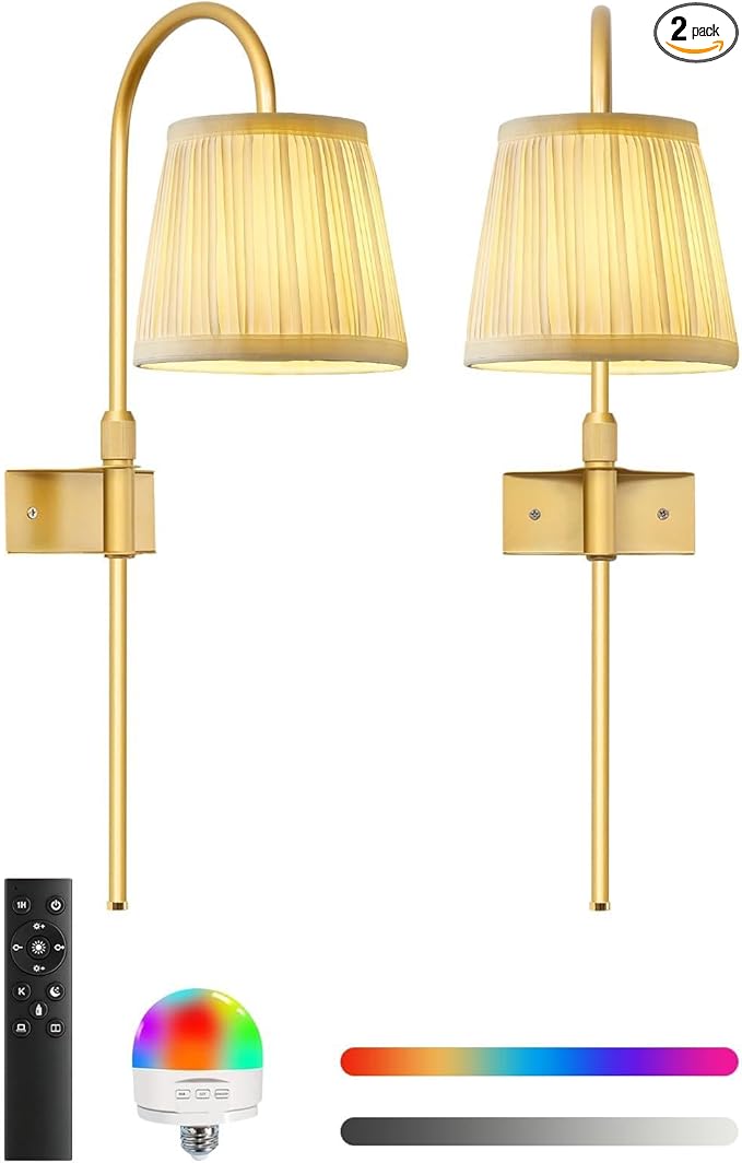 Vintage Battery Operated Wall Sconces Set of 2, Gold Rechargeable Wireless Wall Lamp Lights with Fabric Lampshade & LED Remote Bulb,Dimmable Flower Wall Sconce for Bedroom Living Room Hallway