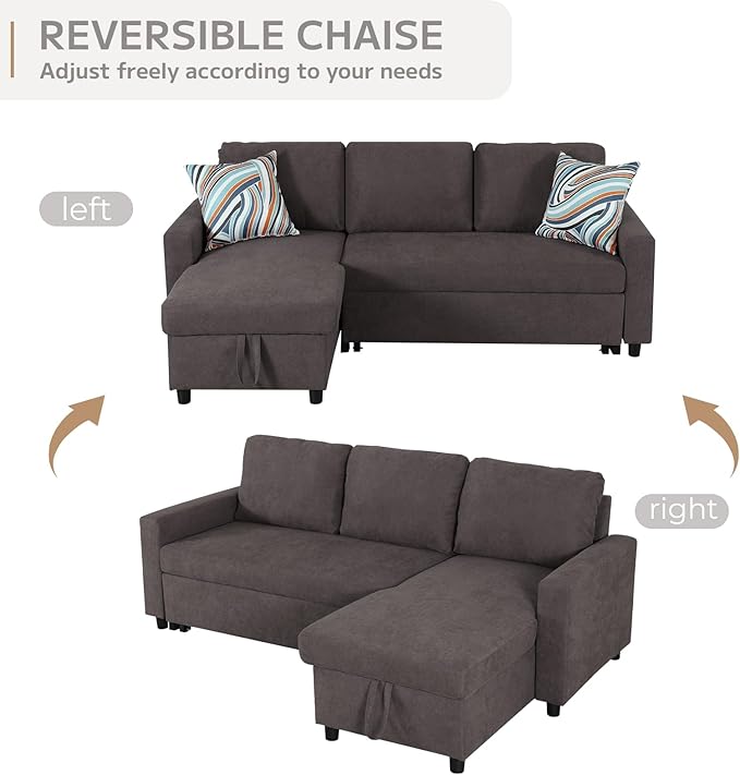 Yafylly L-Shaped Sleeper Sofa with Chaise Lounge & Storage, Pull-Out Couch Bed with Recliner, Full Size Futon for Living Room, Office, Apartment, Coffee