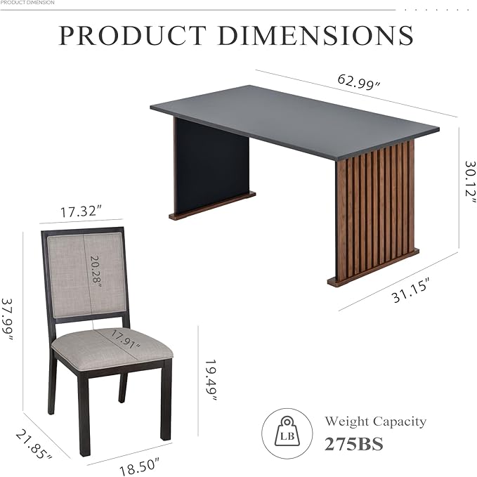 COLAMY 63 Inch Rectangular Kitchen Dining Table for 4, Modern Rectangular Farmhouse Dining Table and Comfy Dining Chairs for Kitchen, Dining Room, Living Room, Restaurant, Grey/Brown