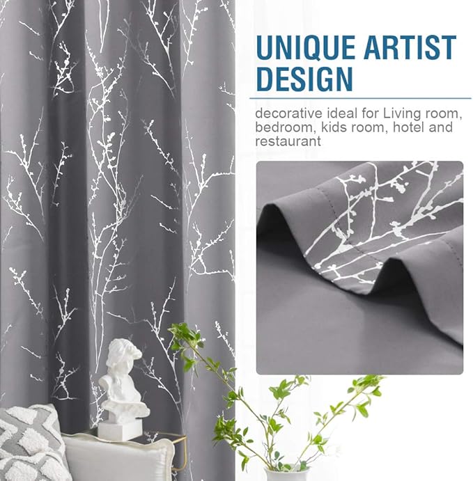 H.VERSAILTEX Blackout Curtains for Bedroom Foil Print Twig Tree Branch Thermal Insulated Grommet Curtain Drapes Light Blocking Thick Soft Window Curtains for Living 52 x 84 Inch, 2 Panels, Grey