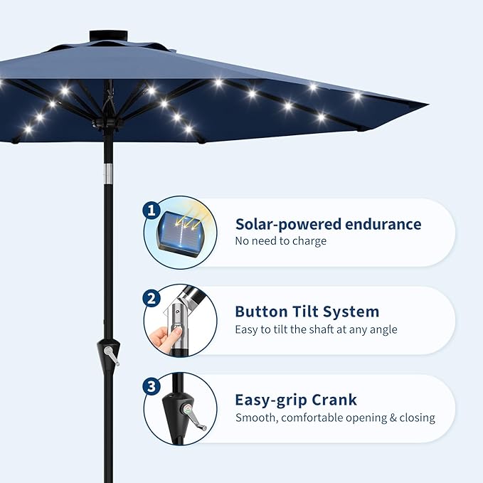 Garvee 10FT Solar Patio Umbrella with 32 LED Lights - Outdoor Table Umbrella with Crank Lift, Push Button Tilt and 8 Sturdy Ribs - Market Umbrella UV Protection for Pool, Deck, Yard, Garden -Navy Blue
