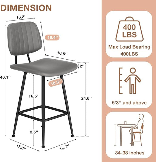 24-Inch Leather Bar Stools, Counter Height Barstools with High Backrest，Bar Chairs for Kitchen Island with Heavy Duty Metal Base, Gray