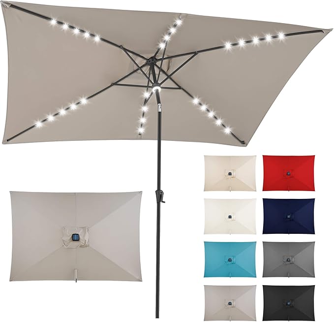 6.5x10 FT LED Lighted Rectangular Patio Umbrella, Rectangular Solar Umbrella Outdoor with Center Ring Light 28 LED Lights, Rectangle Table Umbrella for Deck, Backyard, Pool, Beach (Taupe)