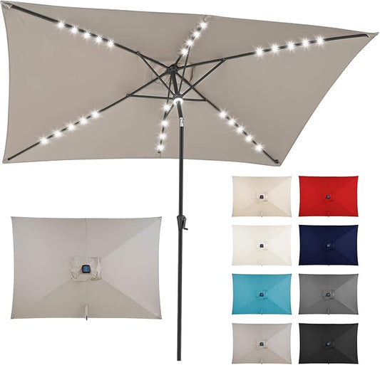 6.5x10 FT LED Lighted Rectangular Patio Umbrella, Rectangular Solar Umbrella Outdoor with Center Ring Light 28 LED Lights, Rectangle Table Umbrella for Deck, Backyard, Pool, Beach (Taupe)