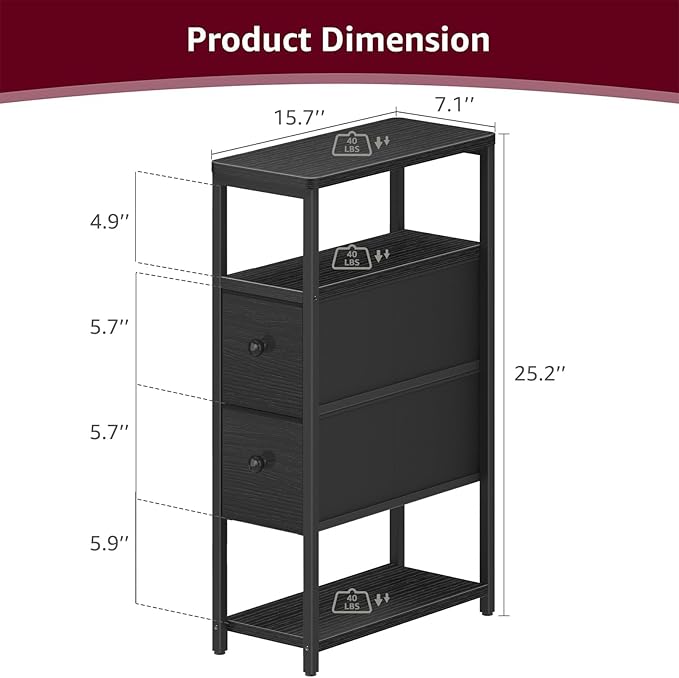 Narrow Nightstand Side Table - Skinny Night Stand for Small Space Bedroom Slim Bedsides Tables with 2 Drawers, Black