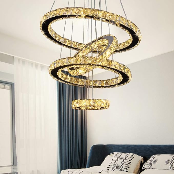 TongLan Modern 4-Ring Crystal LED Chandelier, Adjustable Height 11.8-47.2 in, K9 Crystal & Stainless Steel, 2700-3500K Warm White, Non-Dimmable, for Foyer Staircase Living Room Dining Room