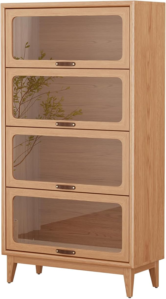 4-Layer Natural Wood Finish Solid Wood Bookcase 4-tire with Tempered Glass Flip-Up Doors,60Hx13.7Dx32W Bookshelves Finish Cube Storage Organizer