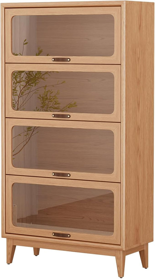 4-Layer Natural Wood Finish Solid Wood Bookcase 4-tire with Tempered Glass Flip-Up Doors,60Hx13.7Dx32W Bookshelves Finish Cube Storage Organizer