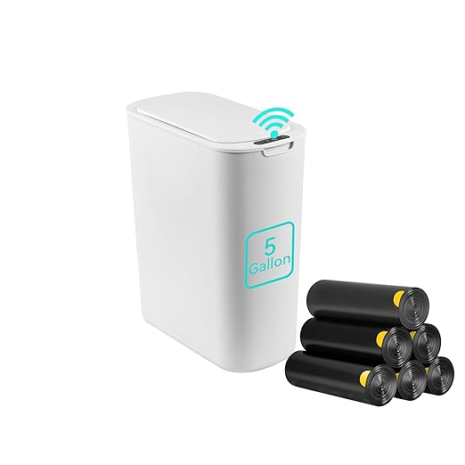 5 Gallon Motion Sensor Bathroom Trash Can Automatic Garbage Cans with Lid Touchless Smart Slim Plastic Trash Bin for Kitchen, Bedroom, Toilet, Office, Living Room