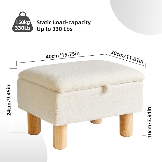 Ottoman with Storage - Small Foot Rest for Couch 16x12x9.5inch, Safety Hinge Flip Top Stool Load up to 330lb for Living Room Dorm - Teddy White YD-JD136W