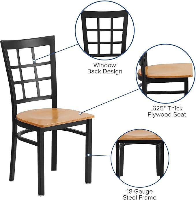 Flash Furniture HERCULES Series Black Window Back Metal Restaurant Chair - Natural Wood Seat